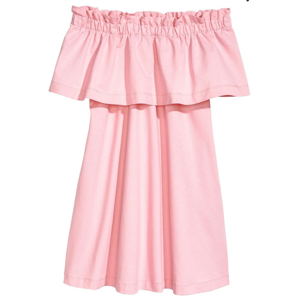 HM Pink Off The Shoulder Ruffle Mini Dress with Pockets Womens Summer Jersey
